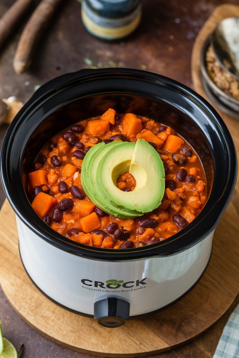 Indoor food photo of hearty chili with orange sweet potatoes and black beans in a crock bowl; avocado slices on top, no text or logos.