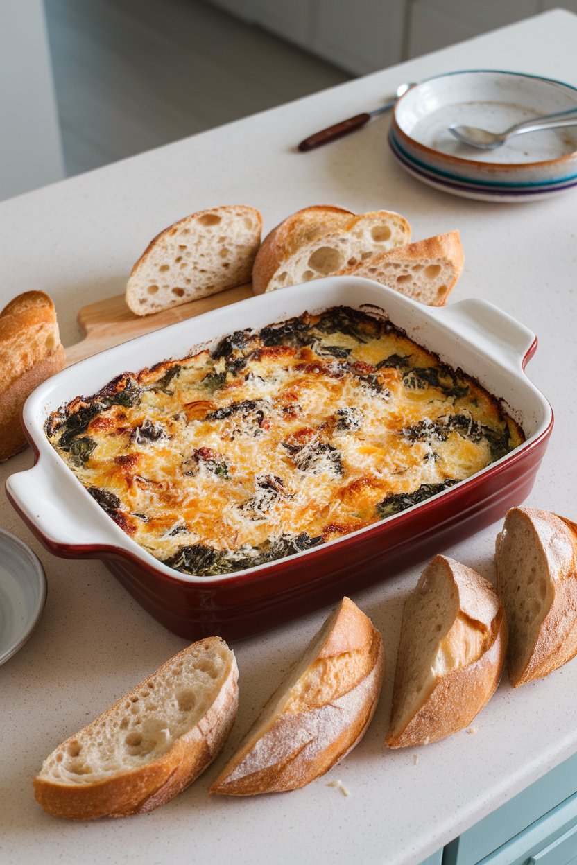 A ceramic baking dish of bubbling, golden-topped spinach-artichoke dip on an indoor countertop, surrounded by sliced baguette. No text or logos visible. Photo.