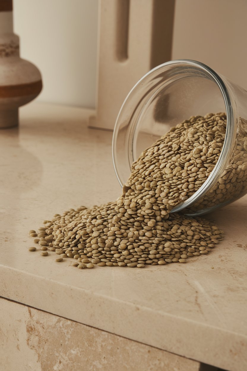 Photo of a scoop of dry green lentils spilling onto an indoor countertop, neutral lighting, no text or logos