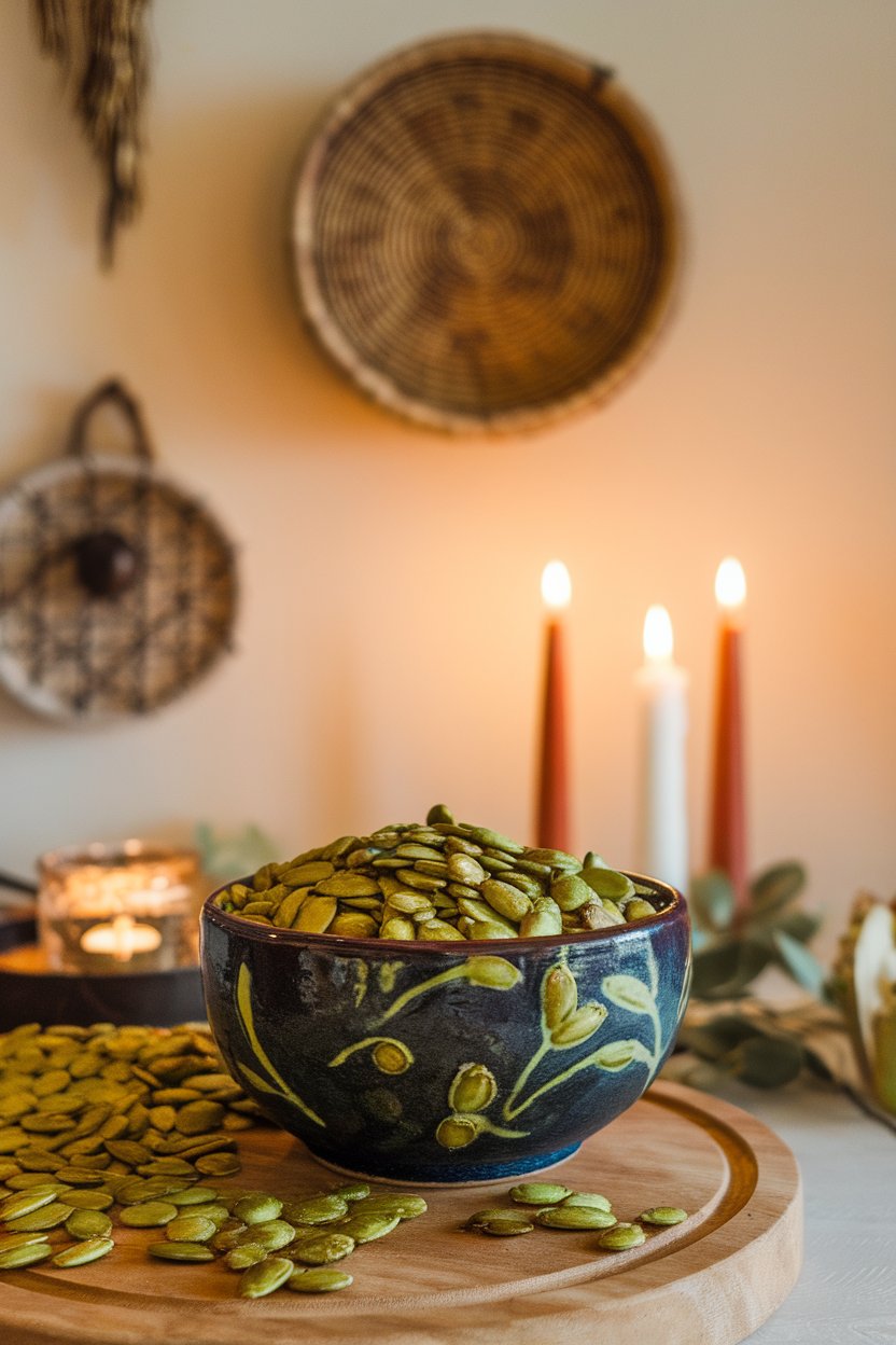 Indoor ceramic bowl overflowing with chili-lime seasoned roasted pumpkin seeds. No text or logos.