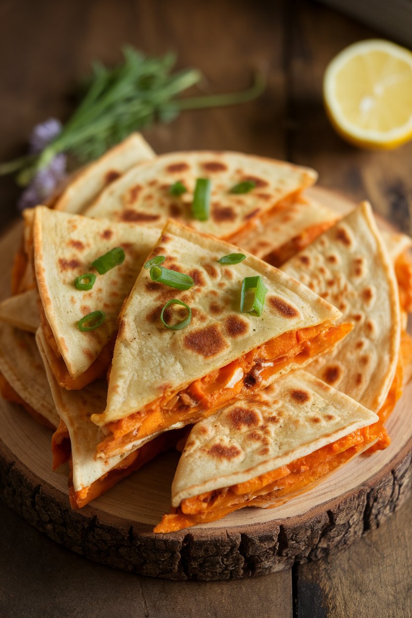 Indoor scene, chipotle sweet potato quesadilla wedges on rustic platter, photo, no text or logos.