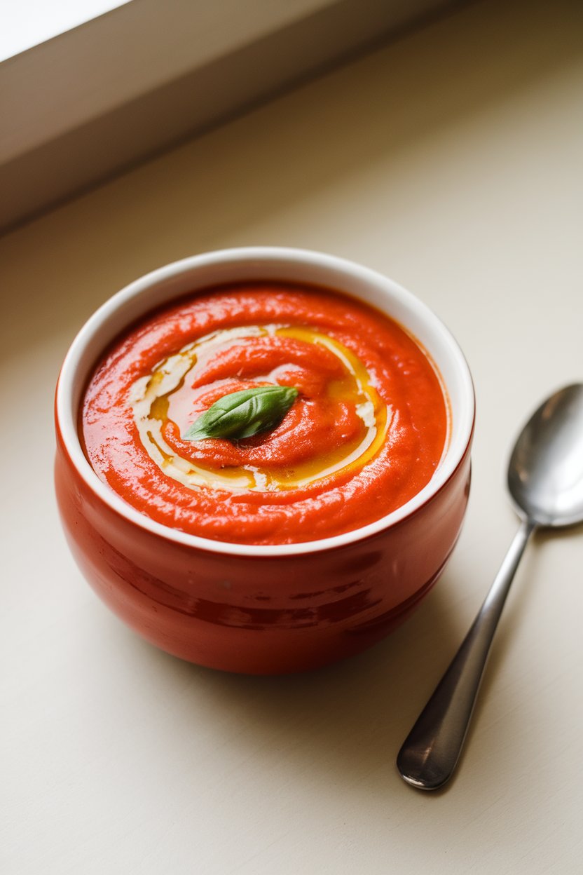 Indoor photo of a smooth red bowl of roasted red pepper and tomato soup, topped with a swirl of basil oil, spoon on the side. No text or logos.