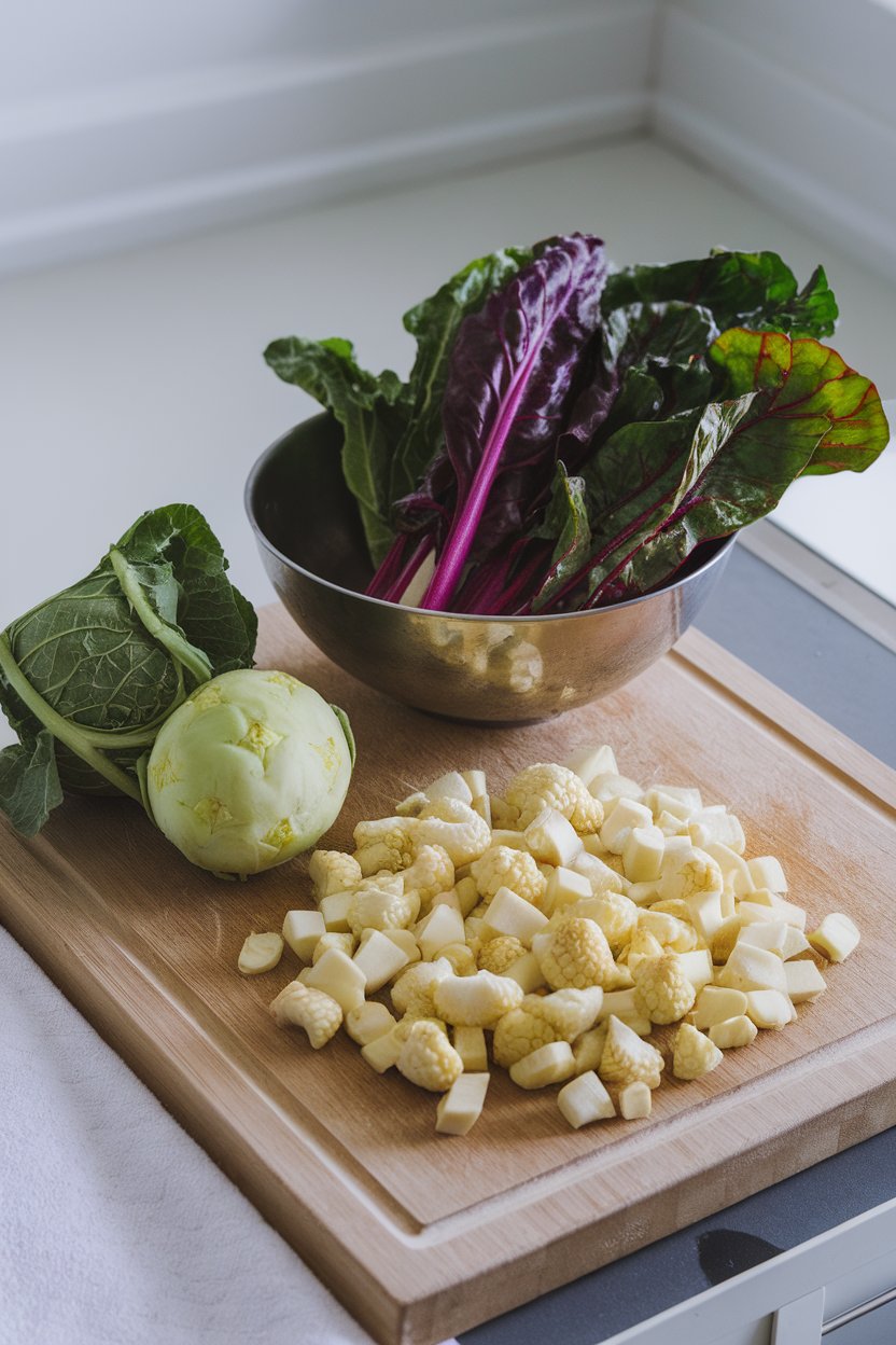 A wooden cutting board with kohlrabi, romanesco, and rainbow chard being prepped under indoor lighting, no text.