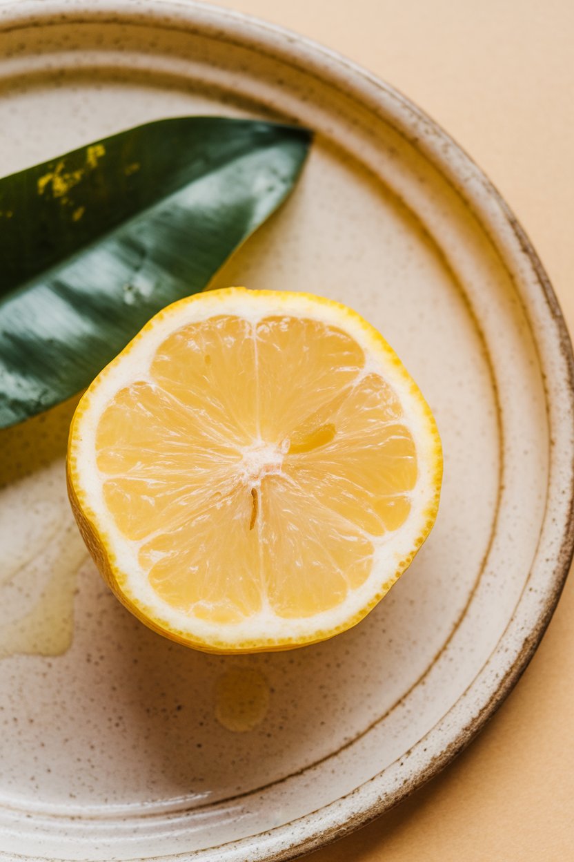 Photo of a halved lemon with visible juice droplets on a ceramic indoor plate, bright overhead light, no text or logos