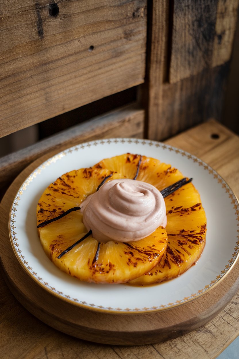 Photo prompt: Indoor dessert plate with caramelized pineapple rings speckled with vanilla bean, small scoop of coconut yogurt. No text or logos.