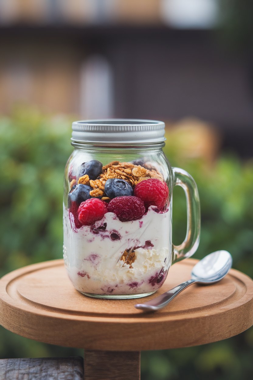 An indoor countertop scene featuring a small mason jar layered with cottage cheese, mixed berries, and a sprinkle of granola on top. Photo only, no logos or text.