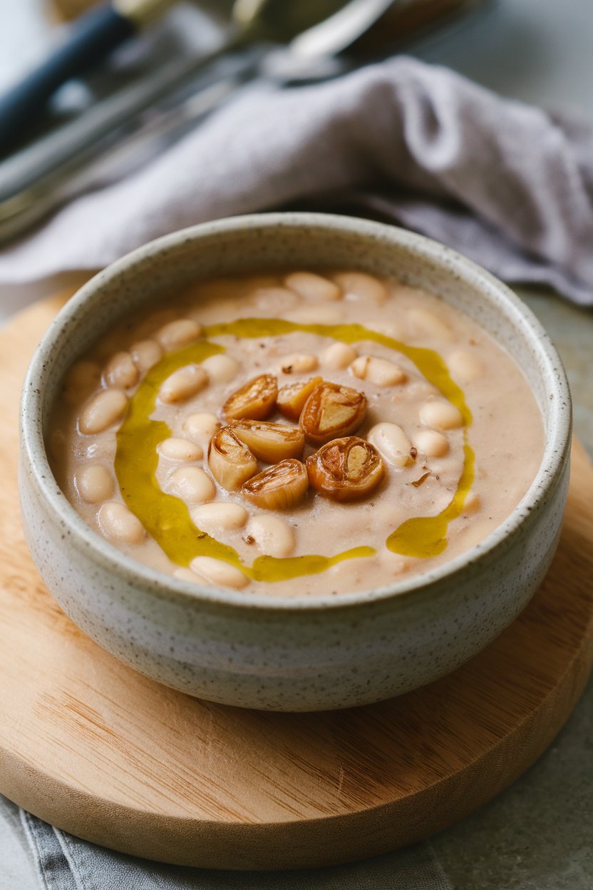 Indoor photo of creamy white bean soup in a stoneware bowl, topped with roasted garlic cloves and olive oil drizzle. No text or logos.