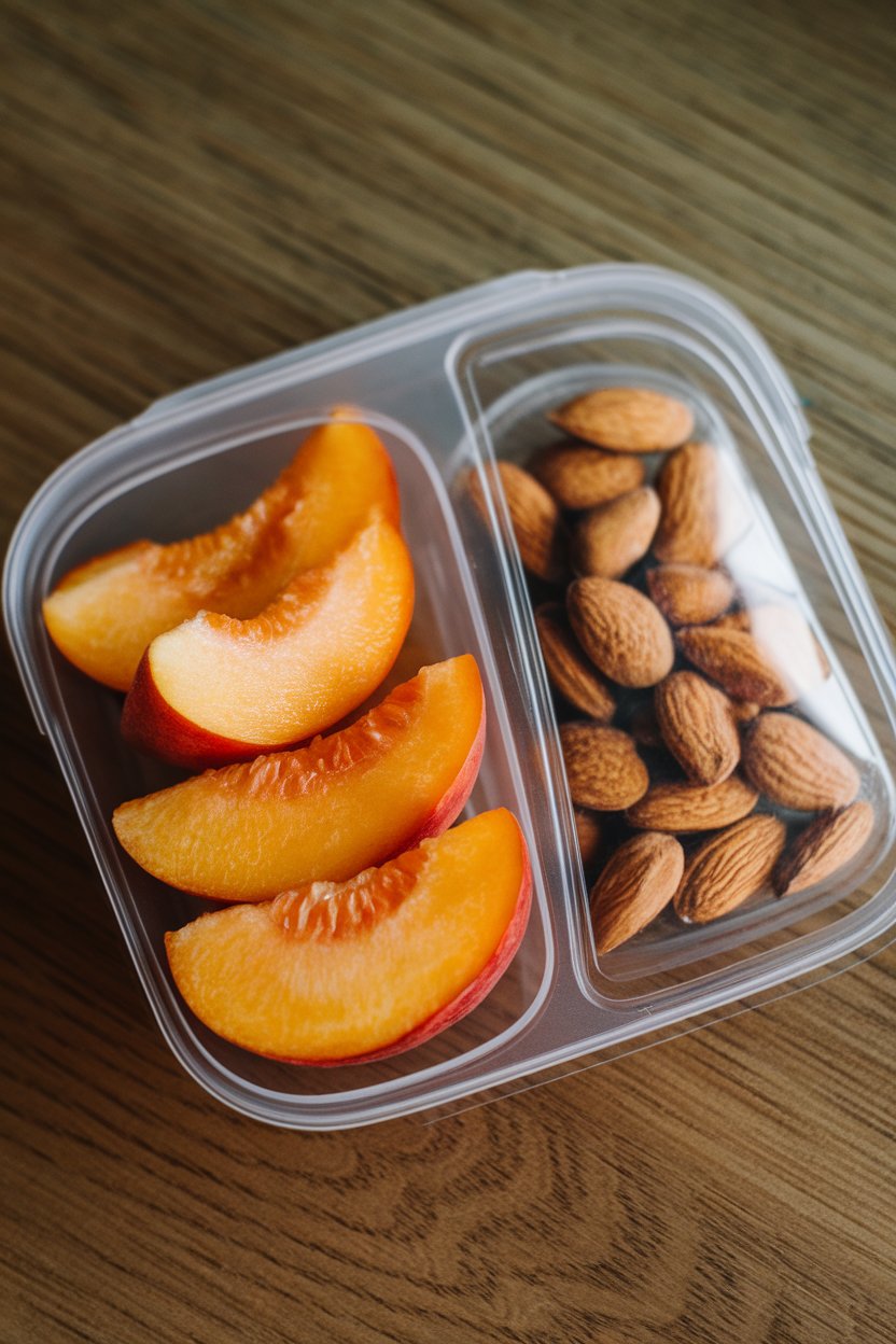 An indoor lunch pouch containing a small container of fresh nectarine wedges and a separate packet of raw almonds. No text or logos.