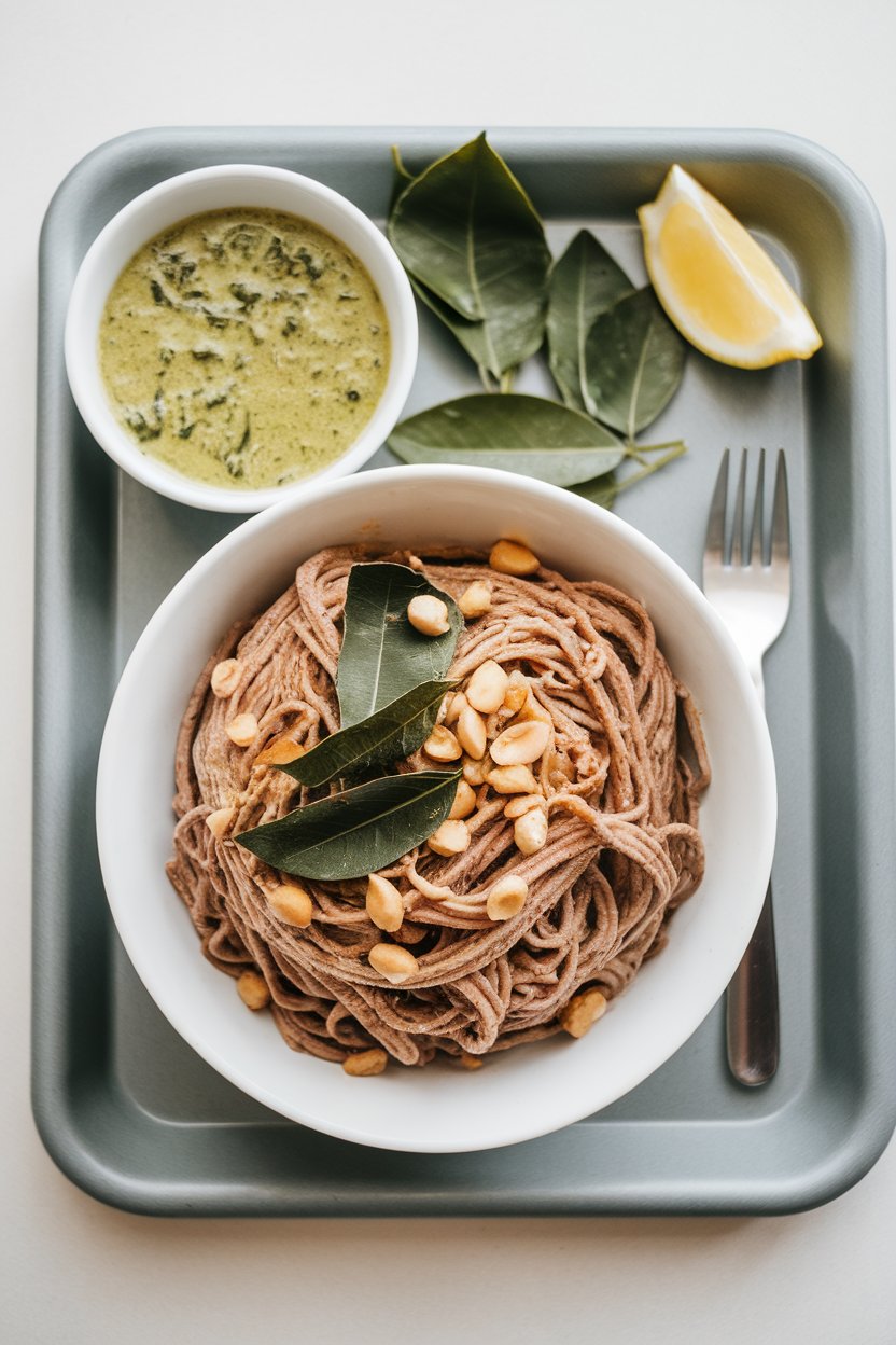 An indoor lunch tray with dark ragi vermicelli mixed with tamarind paste and peanuts, curry leaves scattered on top. No text or logos. Photo, not illustration.