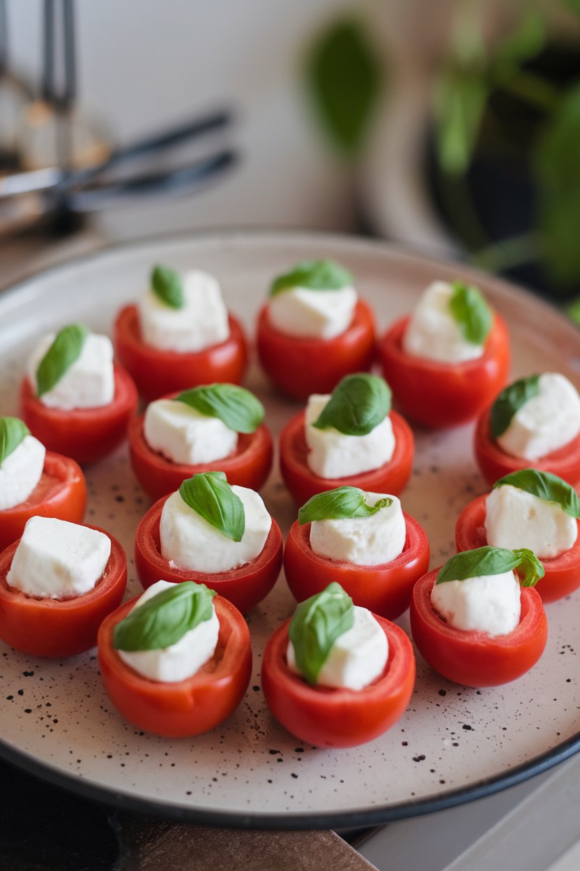 Hollowed cherry tomatoes filled with diced mozzarella and basil, arranged on an indoor plate. No text or logos. Photo.