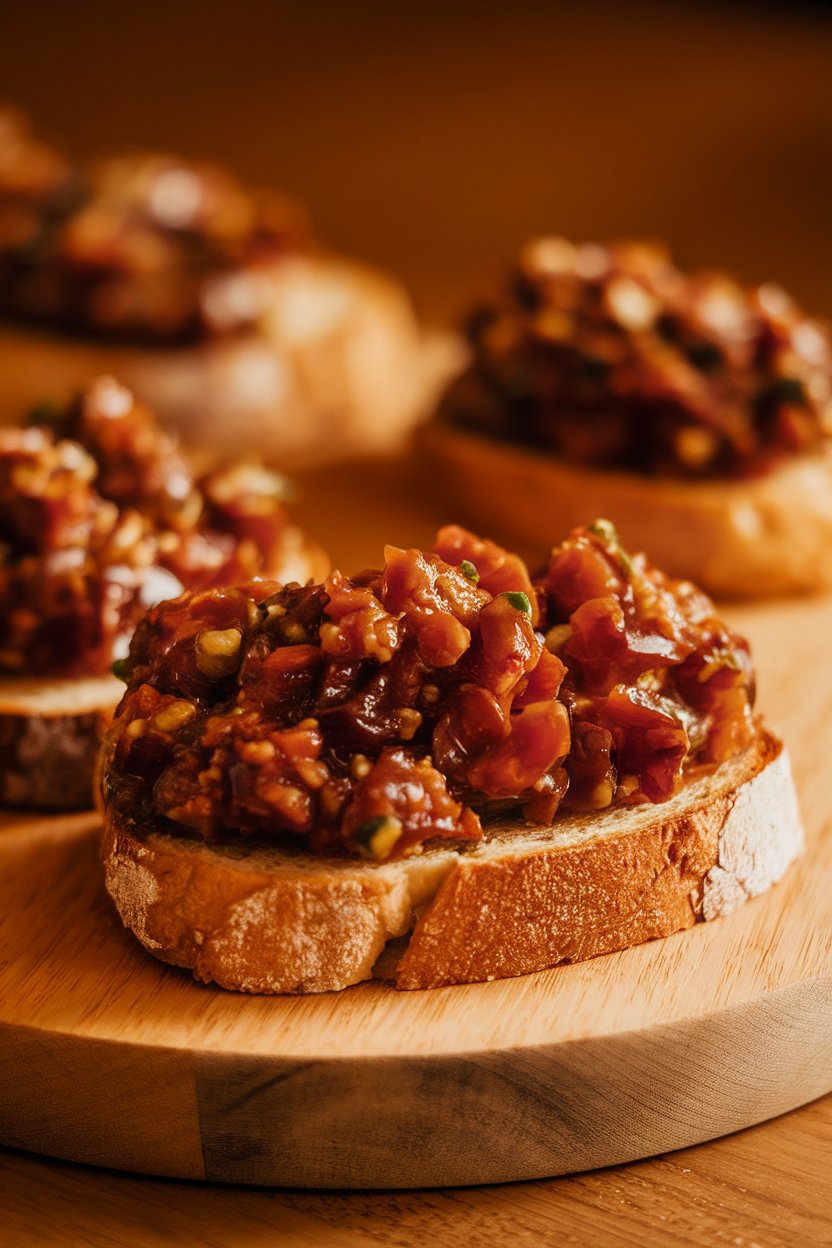 Indoor board with thick toast slices topped with glossy eggplant caponata mixture. No text or logos.