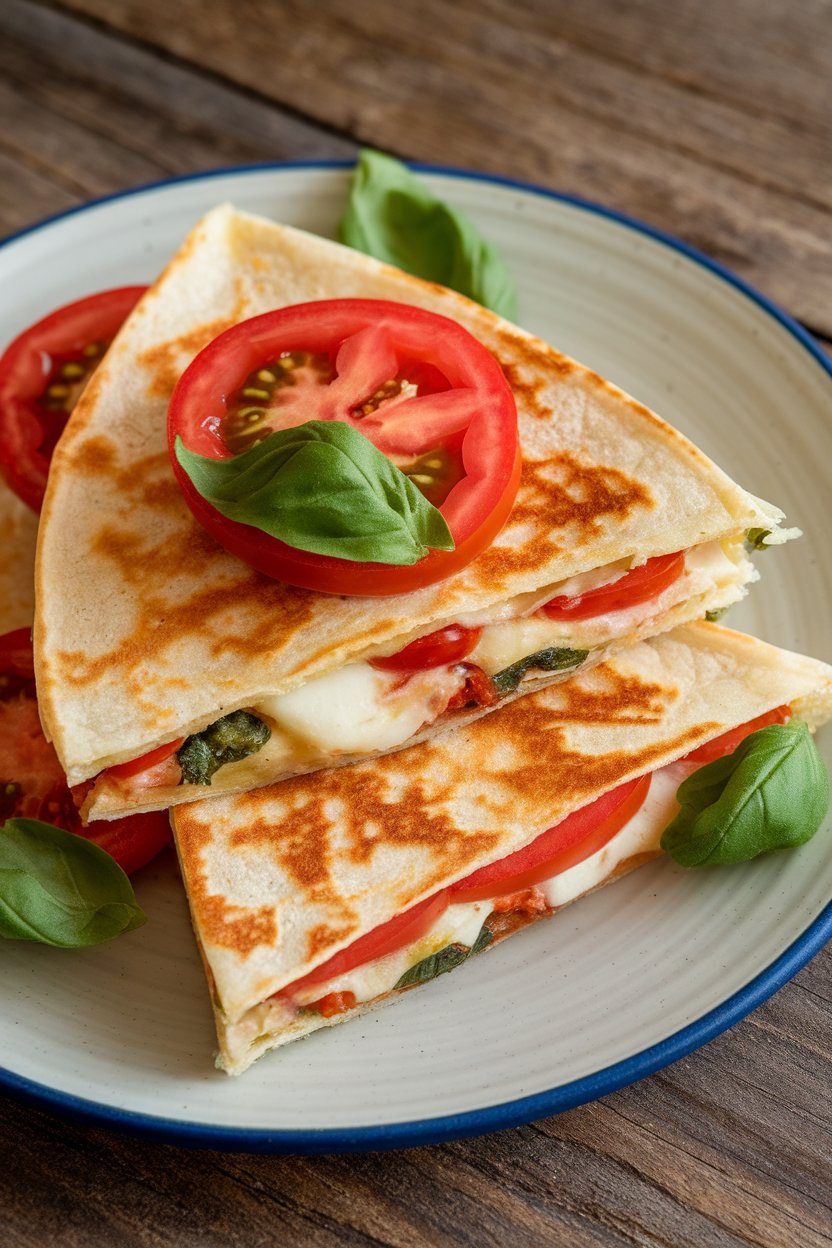 Indoor platter, caprese quesadilla with tomato rounds and basil leaves, mozzarella threads visible, photo, no text or logos.