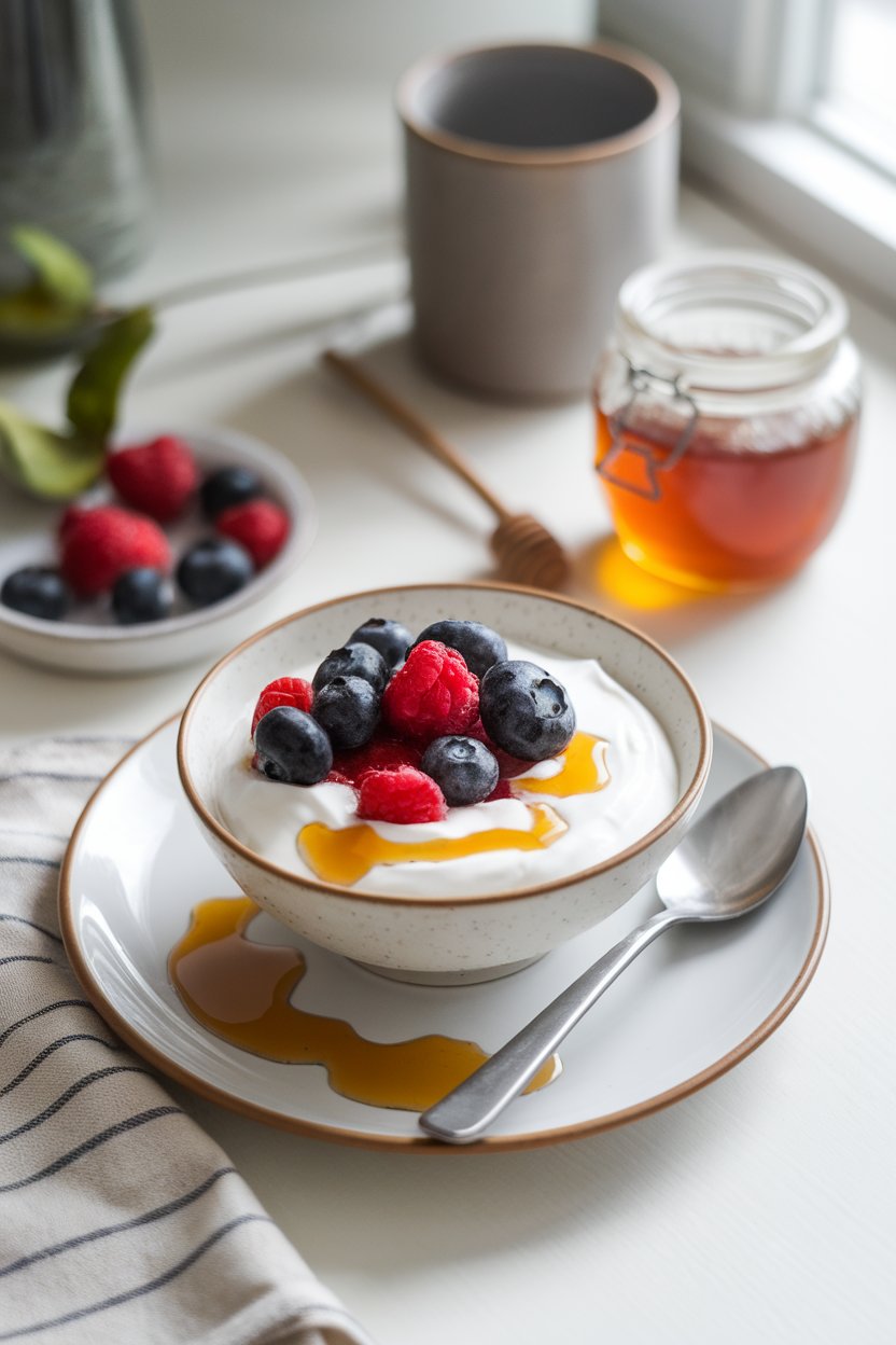 Indoor breakfast table photo of a bowl of plain Greek yogurt topped with fresh berries and a drizzle of honey, no text or logos.