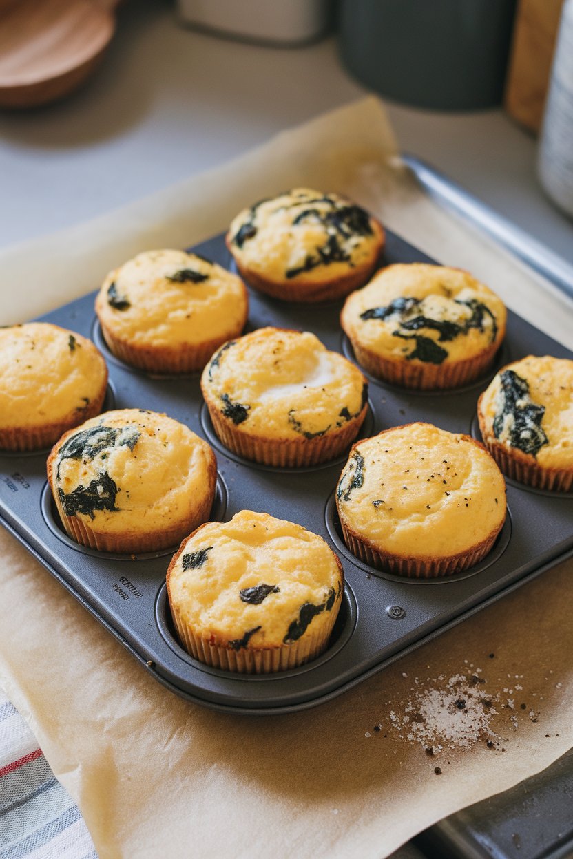 Indoor countertop with a muffin tin holding fluffy egg muffins speckled with spinach and feta—side lighting, no text or logos.