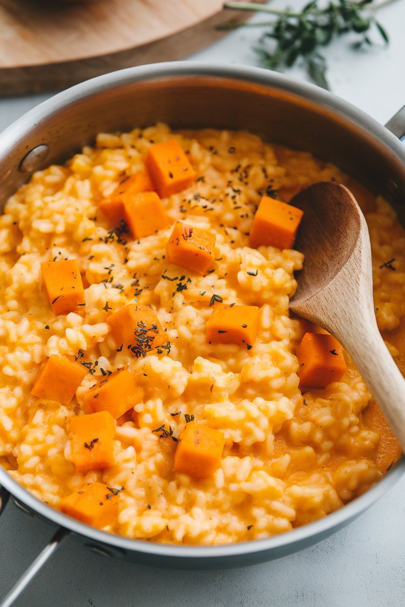 An indoor saucepan of creamy orange risotto with small butternut squash cubes, spoon resting on the side; no text or logos.