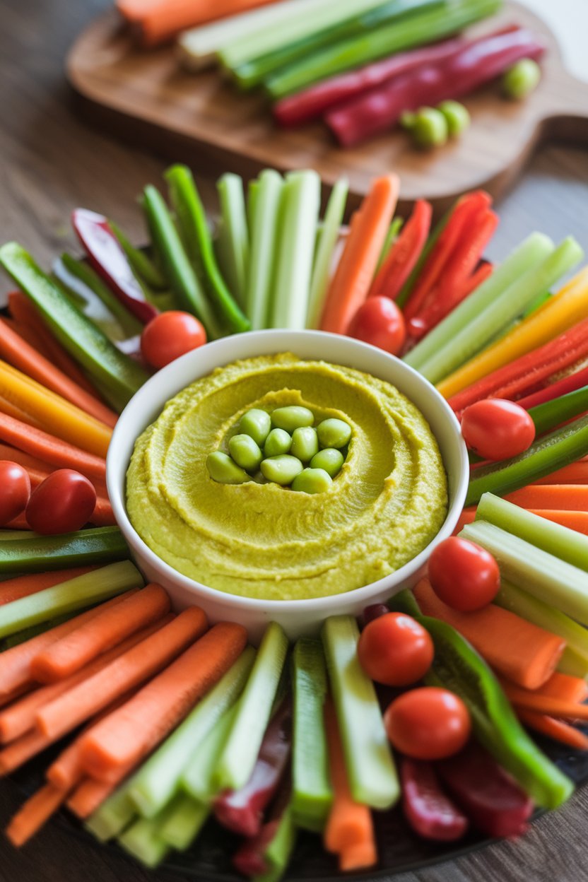 Photo of a platter indoors featuring colorful vegetable sticks surrounding a bowl of bright green edamame hummus. No logos or text.