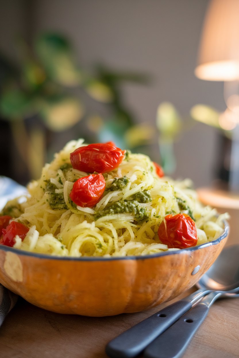 An indoor bowl filled with spaghetti squash strands tossed in green pesto and topped with roasted cherry tomatoes. No branding visible.