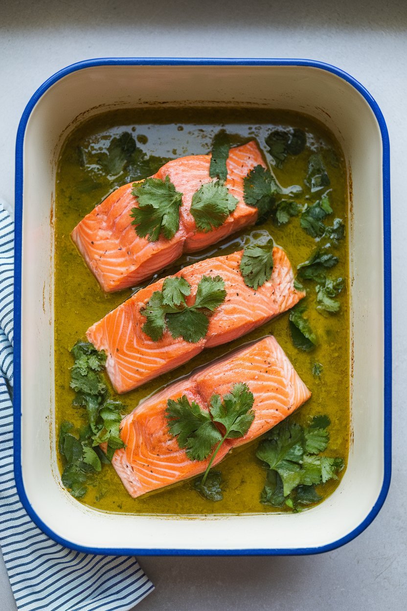 An indoor countertop featuring salmon fillets partially submerged in bright green salsa verde within a baking dish, garnished with cilantro. No brand names shown.