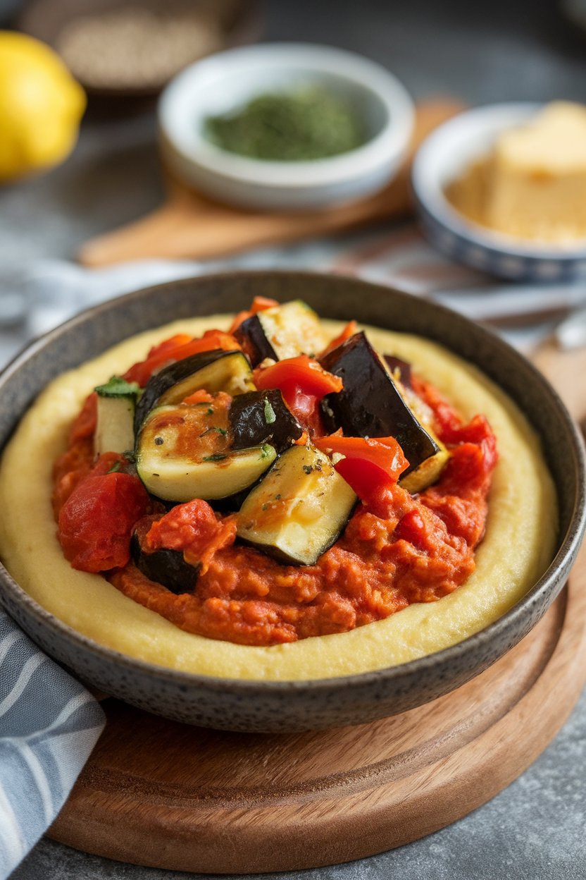 Indoor bowl of creamy polenta crowned with stewed zucchini, eggplant, peppers, and tomatoes. No text or logos.