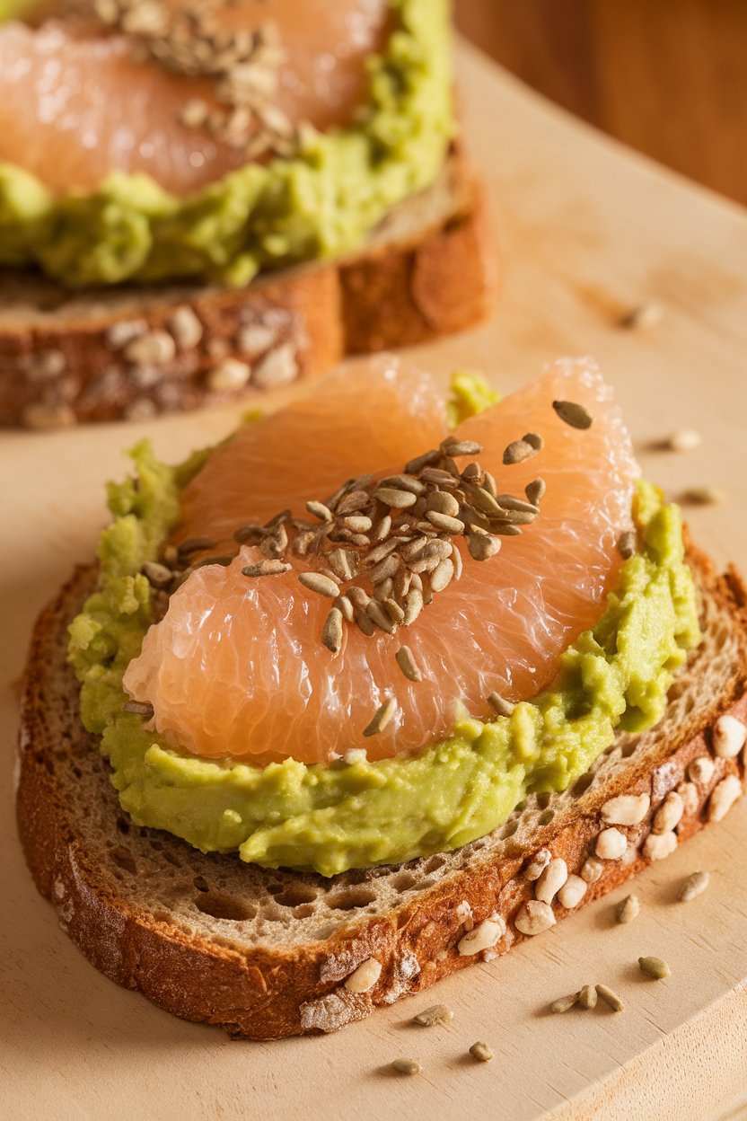 Photo, indoors, slice of toasted whole-grain bread topped with smashed avocado and grapefruit segments, sprinkled with hemp seeds. No text or logos.