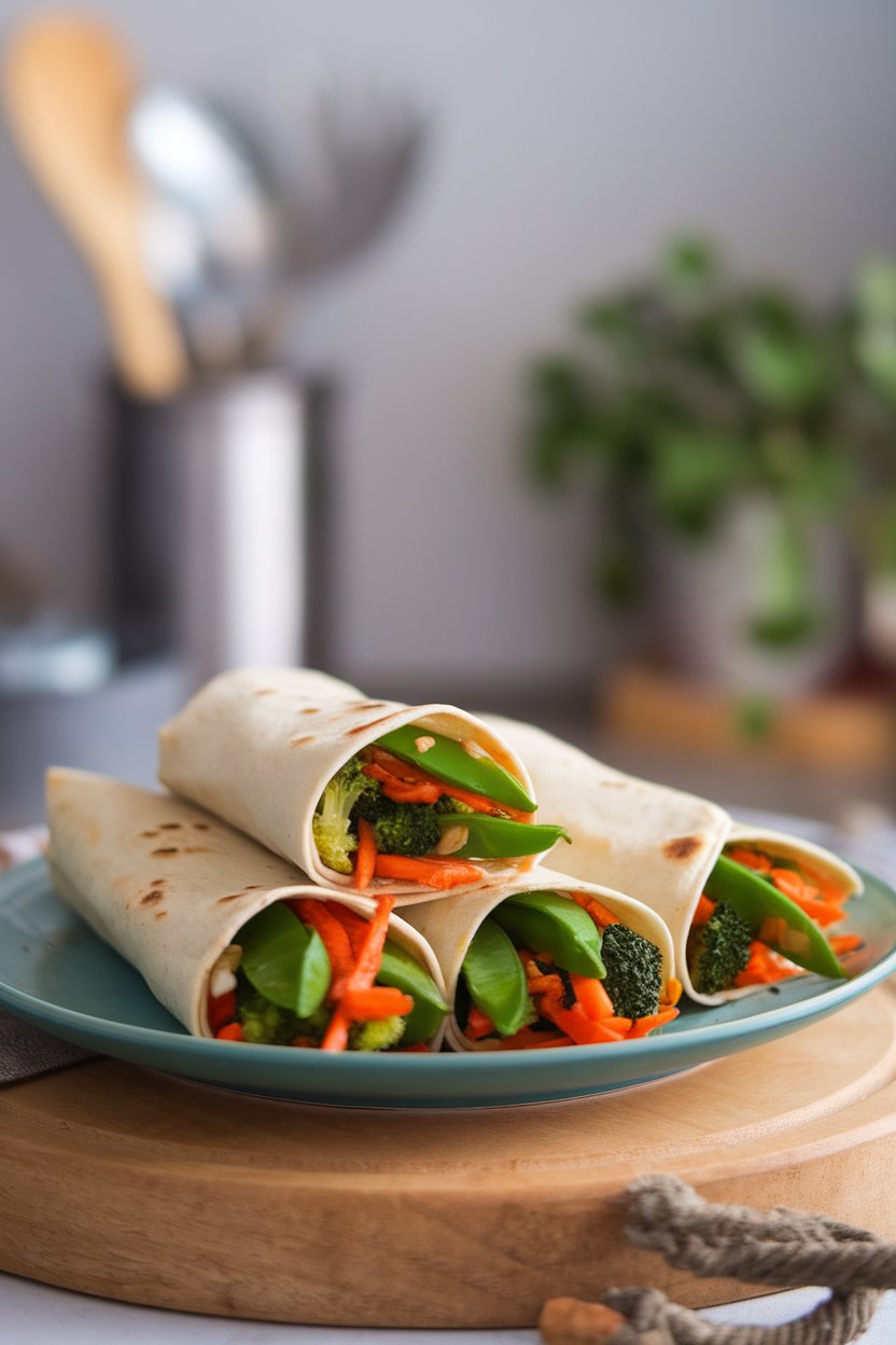 Indoor photo of tortillas holding sautéed snap peas, carrots, and broccoli tossed in sesame-ginger glaze. No text or logos.