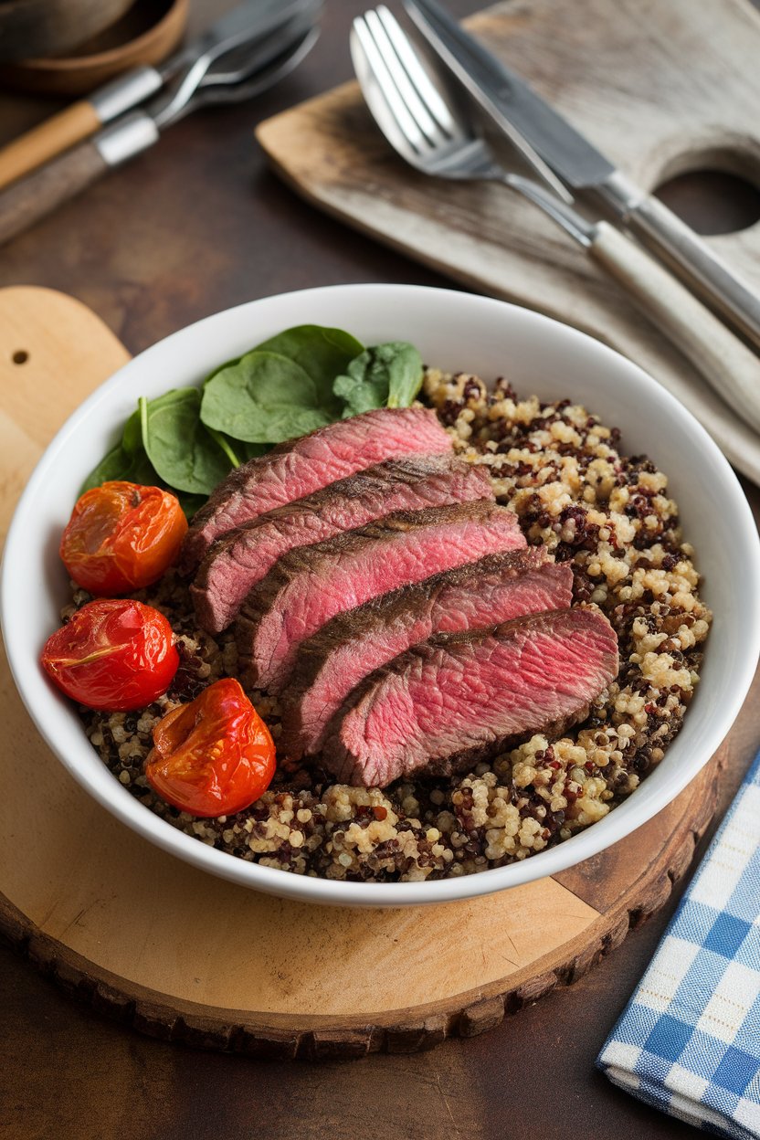 An indoor bowl showing sliced seared steak over tricolor quinoa with roasted cherry tomatoes and baby spinach. No text or logos visible. Photo only.