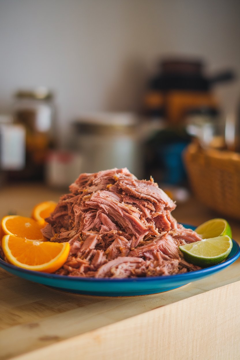 Indoor photo of pulled pork piled on a plate with orange and lime wedges, no text or logos