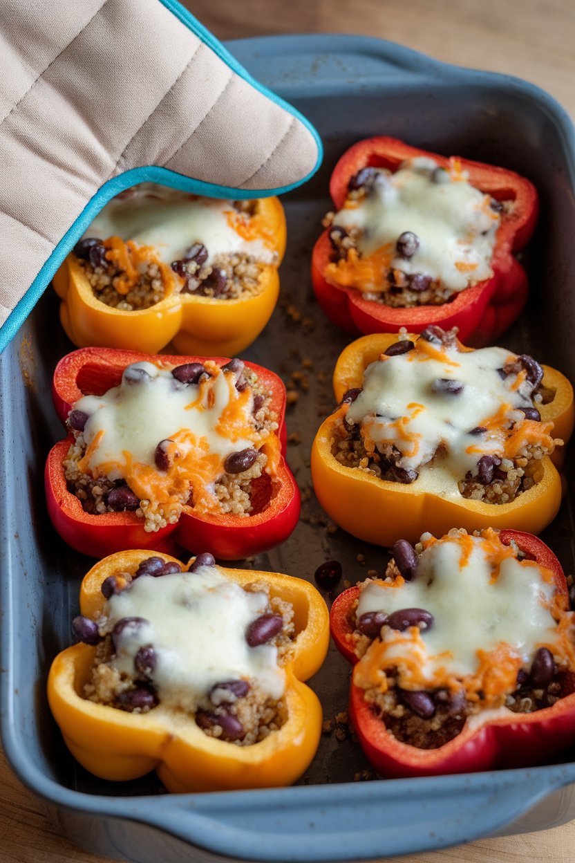 An indoor oven mitt holding a baking dish of halved bell peppers filled with quinoa, black beans, and melted cheese on top. No logos. Photo.