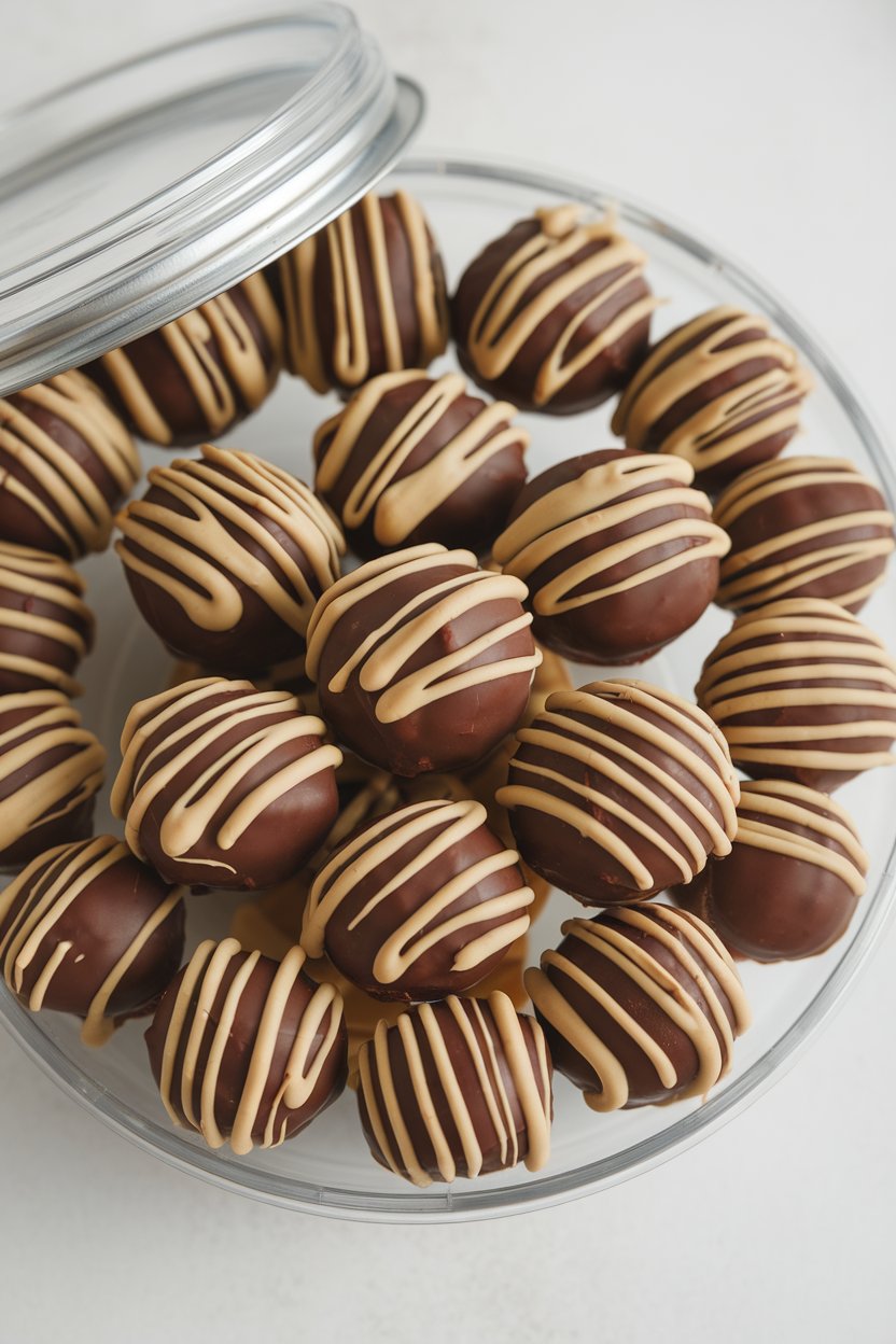 Indoor container of round chocolate protein balls with peanut drizzle—no text or logos.