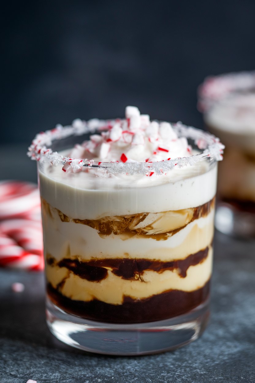Indoor rocks glass layered with coffee liqueur, vodka, and peppermint cream, crushed candy cane rim. No text or logos.