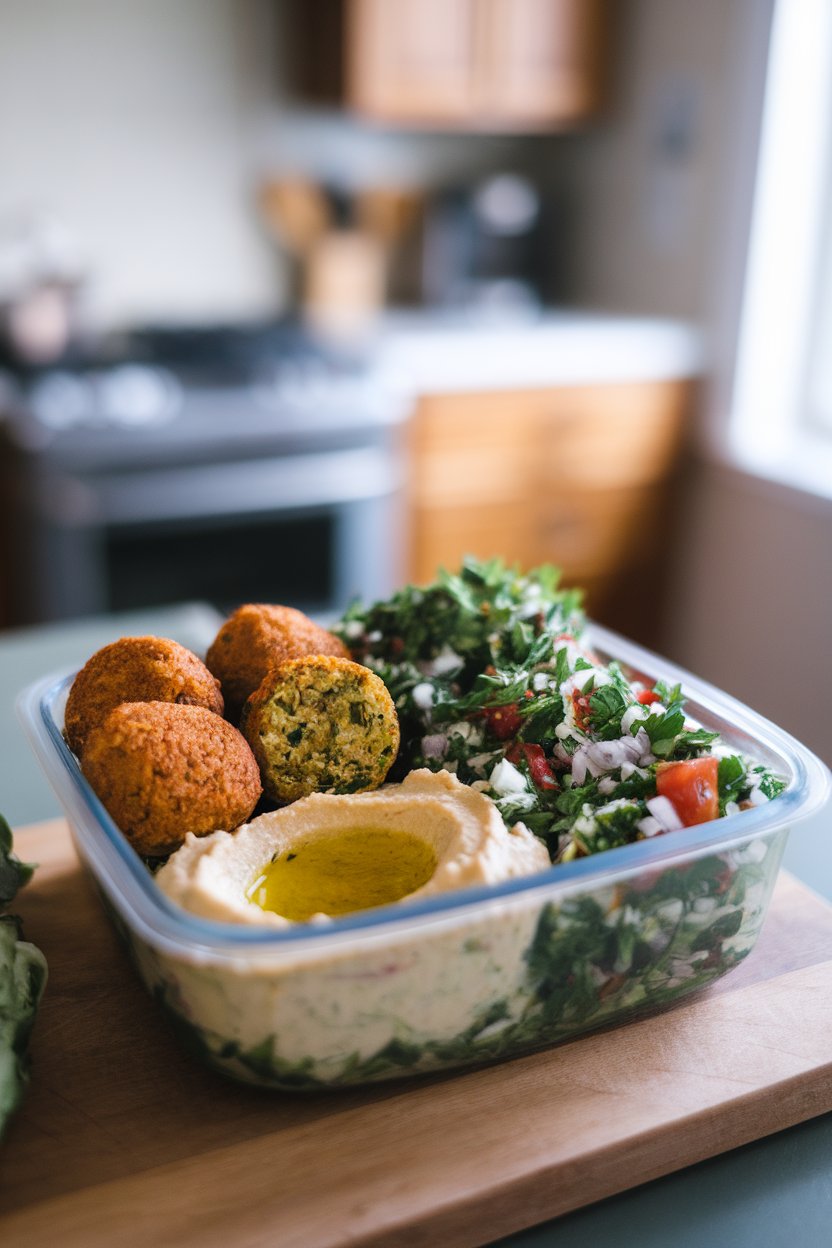 A meal-prep container indoors holding oven-baked falafel balls, parsley-rich tabbouleh salad, and a dollop of hummus. No text or logos.
