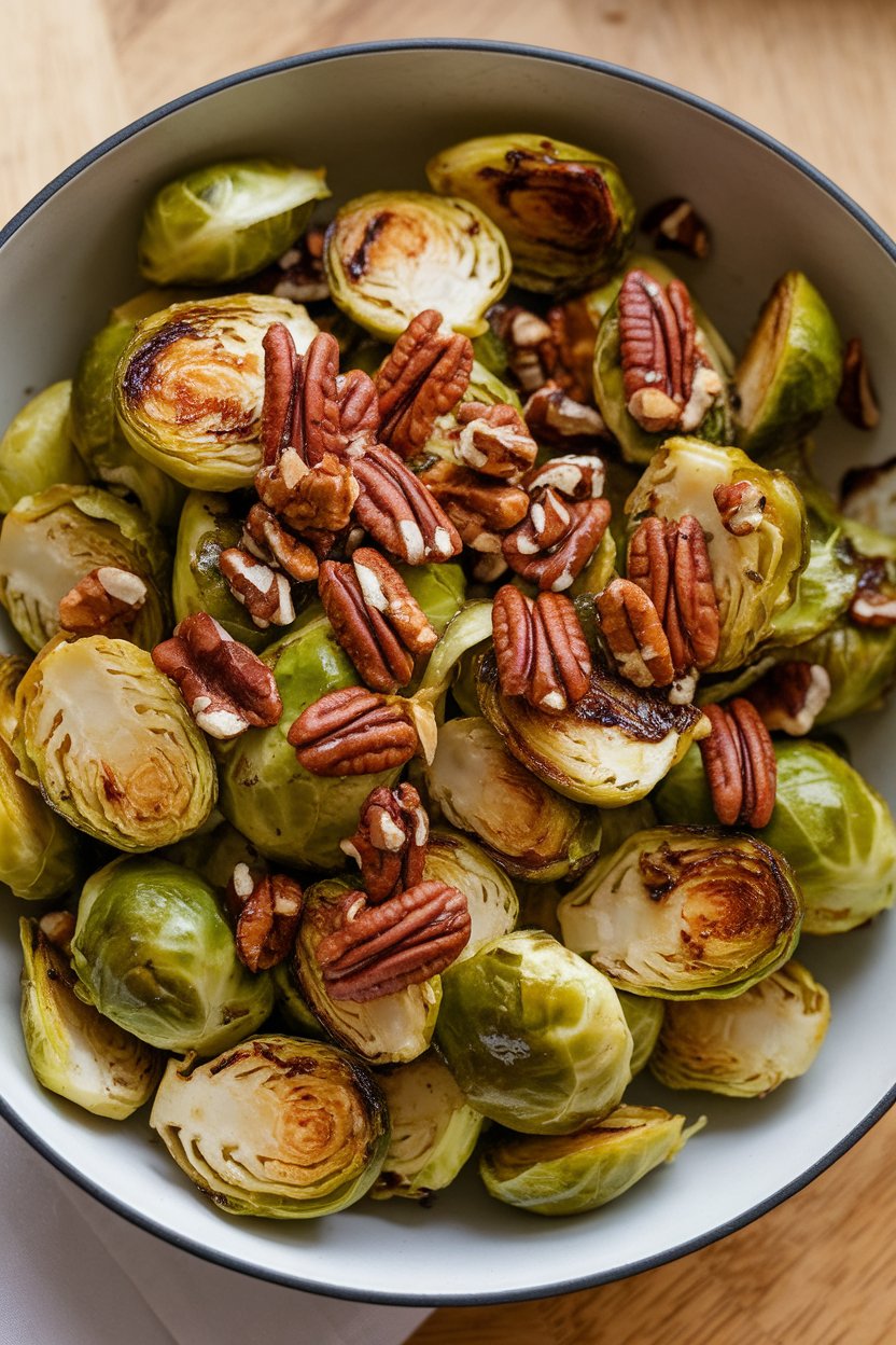A shallow bowl indoors with halved Brussels sprouts caramelized to golden-brown, lightly glazed with maple-balsamic reduction, and garnished with crushed pecans. No text or logos.