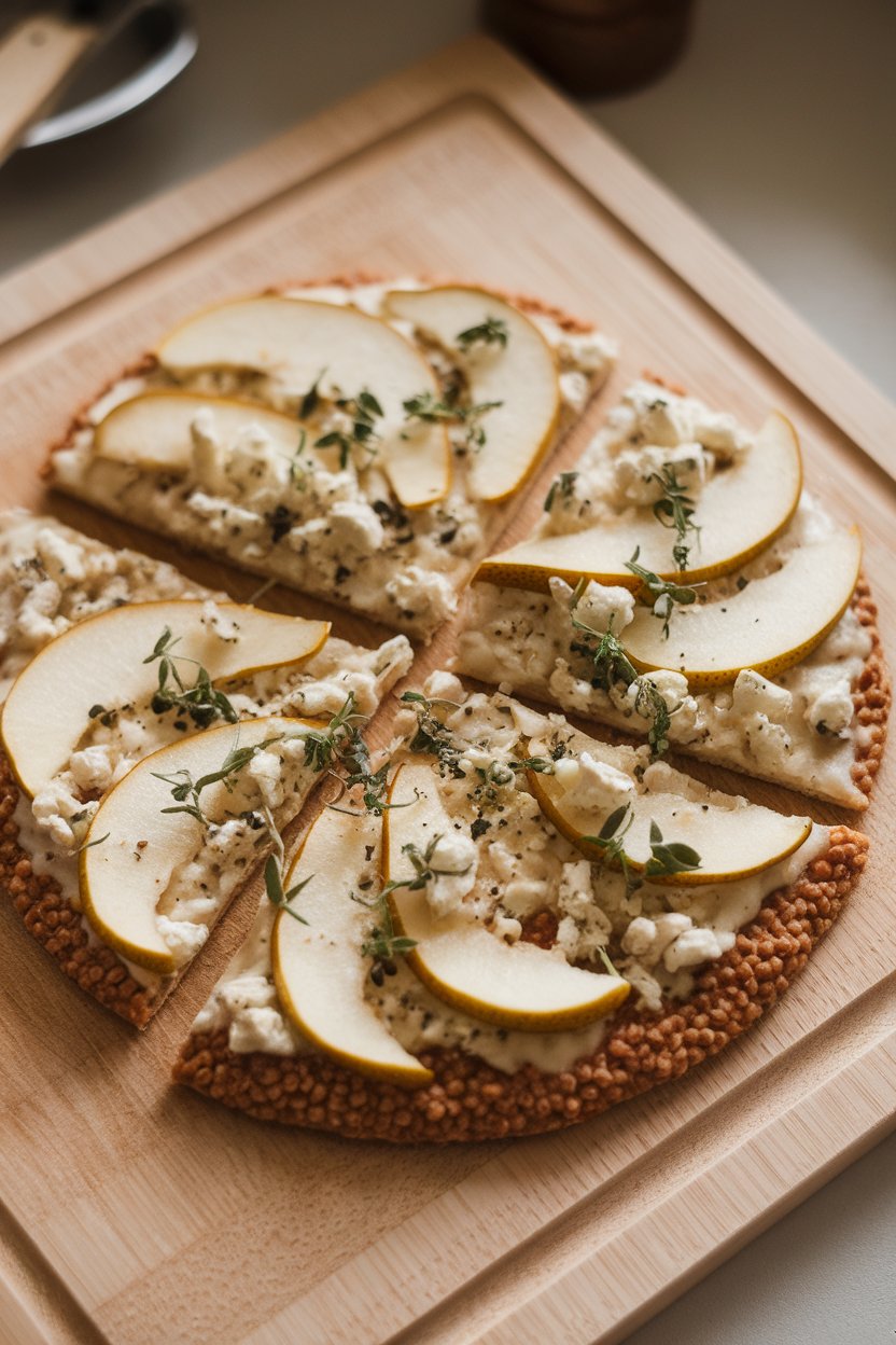 Indoor photo of millet crust pizza topped with pear slices and crumbled gorgonzola on a wooden cutting board, no text or logos