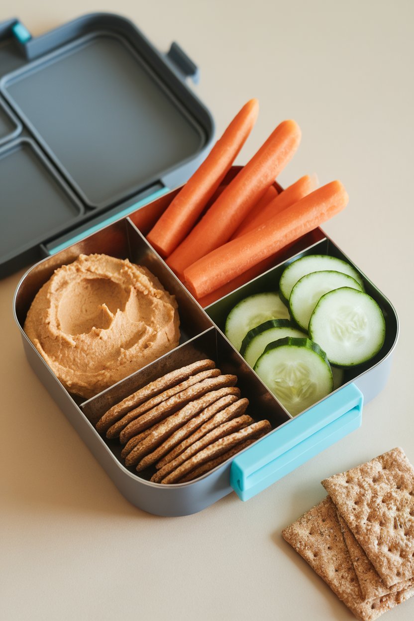 An indoor lunchbox scene displaying small compartments of hummus, carrot sticks, cucumber rounds, and whole-grain crackers on a neutral background, no text or logos.