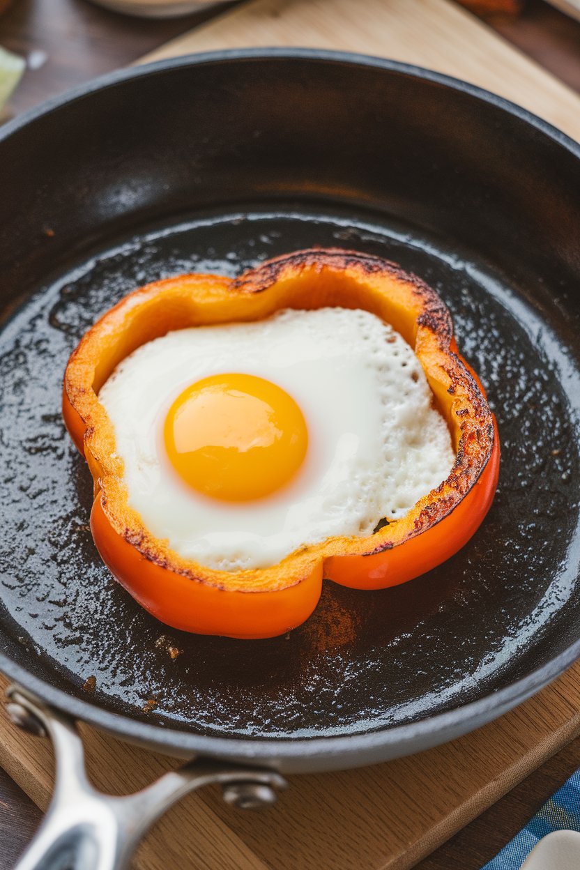 A non-stick skillet indoors showing sunny-side-up eggs cooked inside bell-pepper rings, photo, no text or logos.