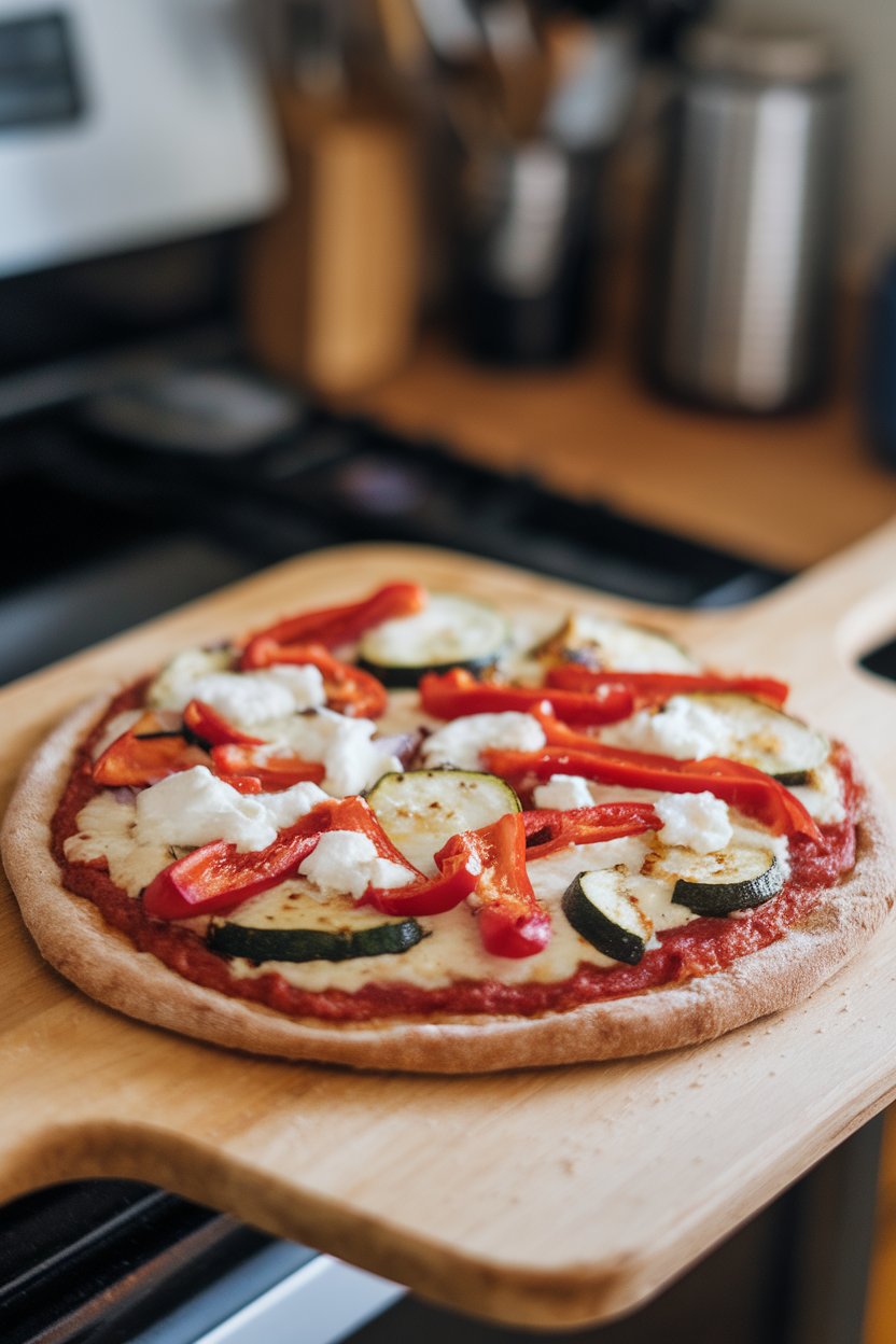 Indoor pizza peel showing a baked whole-wheat crust topped with colorful roasted vegetables and light mozzarella, cheese bubbling slightly. No text or logos, photo not illustration.