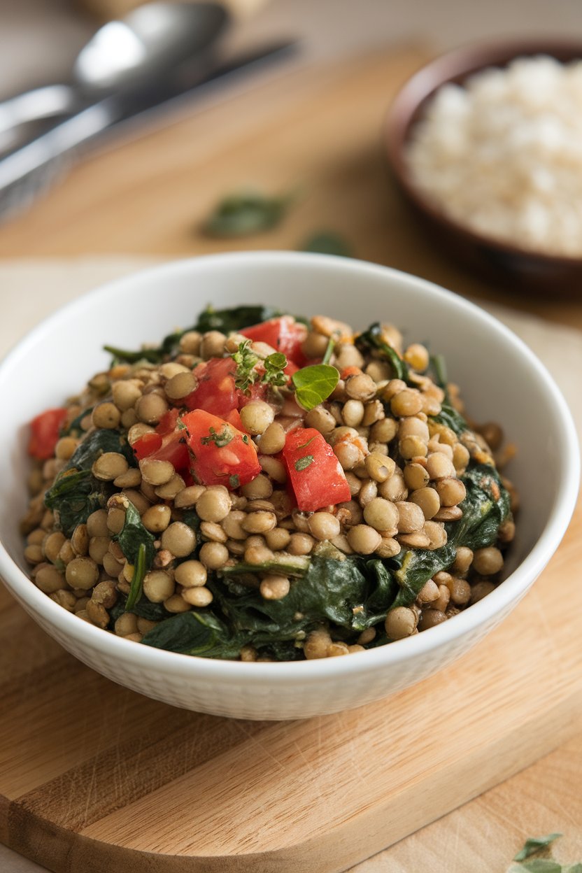 An indoor bowl of warm green lentils mixed with wilted spinach, diced tomatoes, and a mustard vinaigrette. Photo, no text or logos.