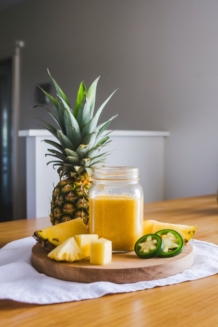 Indoor counter showing a mason jar of golden pineapple jalapeño dressing, pineapple chunks and sliced jalapeño on a board. Photo, not illustration. No text or logos.