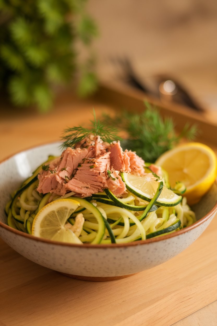 Bowl of zucchini noodles tossed with flaked tuna, lemon slices, and fresh dill, photographed indoors under warm light, no text or logos.
