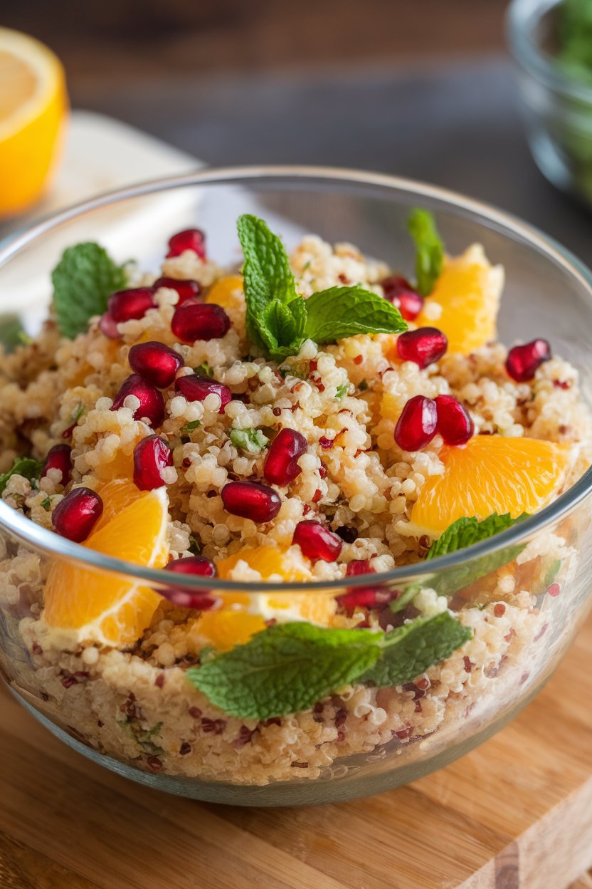 Photo, indoors, glass bowl of quinoa salad featuring orange segments, pomegranate arils, and fresh mint leaves. No text or logos.