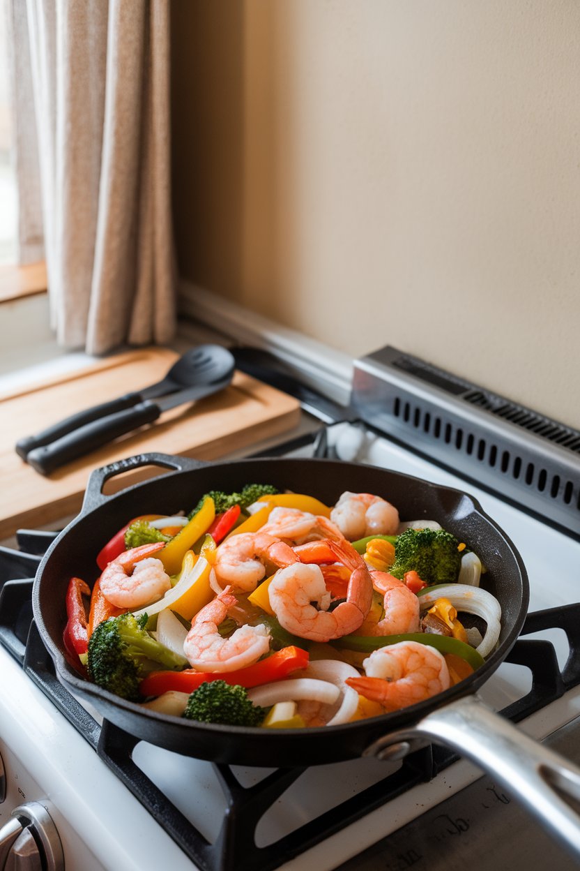 A stovetop scene indoors with a skillet of shrimp and veggie stir-fry, vibrant colors popping; no logos. Photo only.