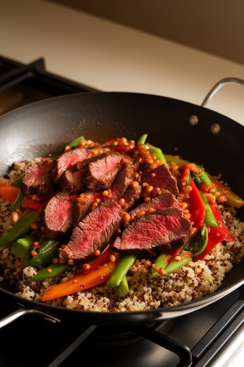 Indoor photo of sliced beef and mixed vegetables in a glossy sauce served on quinoa; stovetop lighting, no text or logos