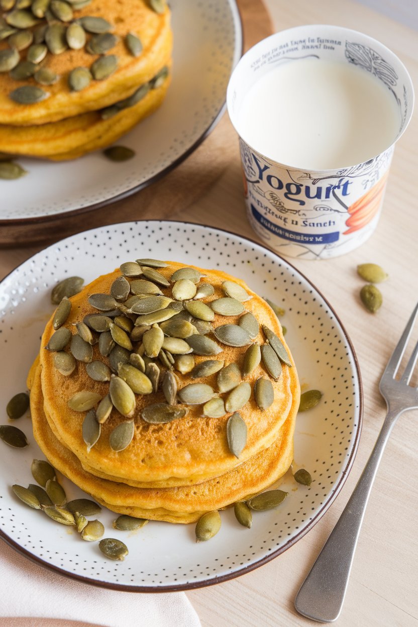 Indoor scene with golden pancakes coated in green pumpkin seeds, yogurt cup alongside; photo only.