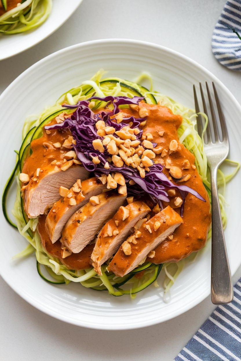 Indoor photo of zucchini noodles, sliced chicken breast in spicy peanut sauce, shredded purple cabbage, and crushed peanuts. No text or logos.