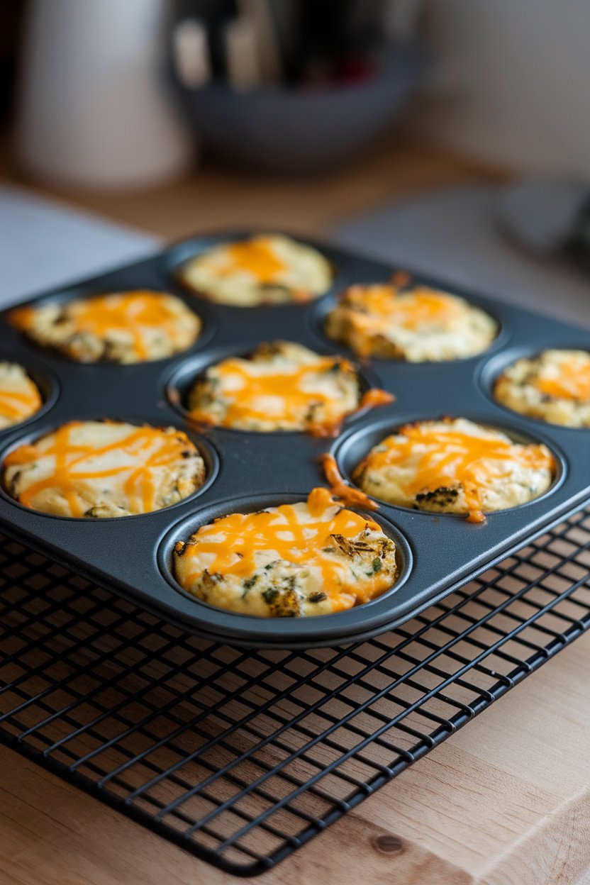 Photo of an indoor muffin tin on a cooling rack holding mini frittatas with visible broccoli bits and melted cheddar; no text or logos