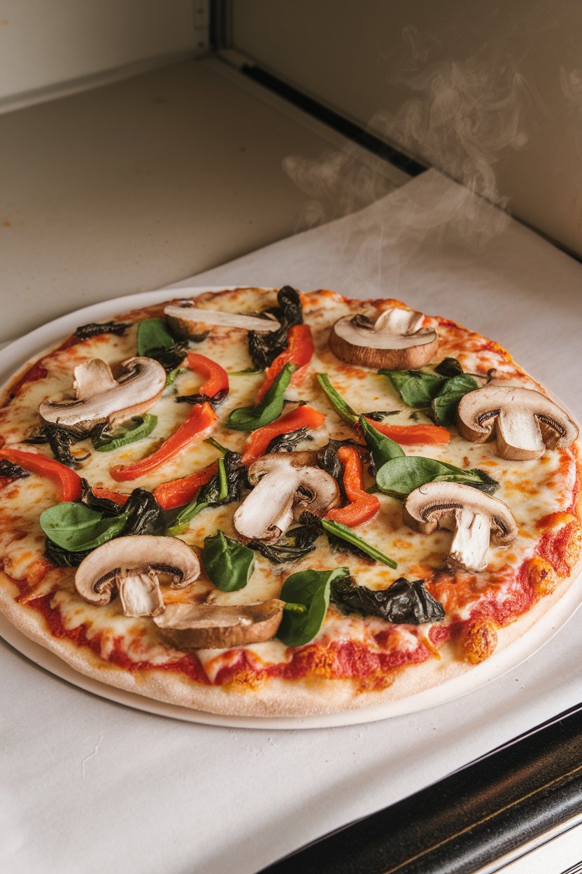 Indoor photo of a round pizza on a baking stone topped with mushrooms, bell peppers, and spinach over melted cheese; neutral background, no text or logos