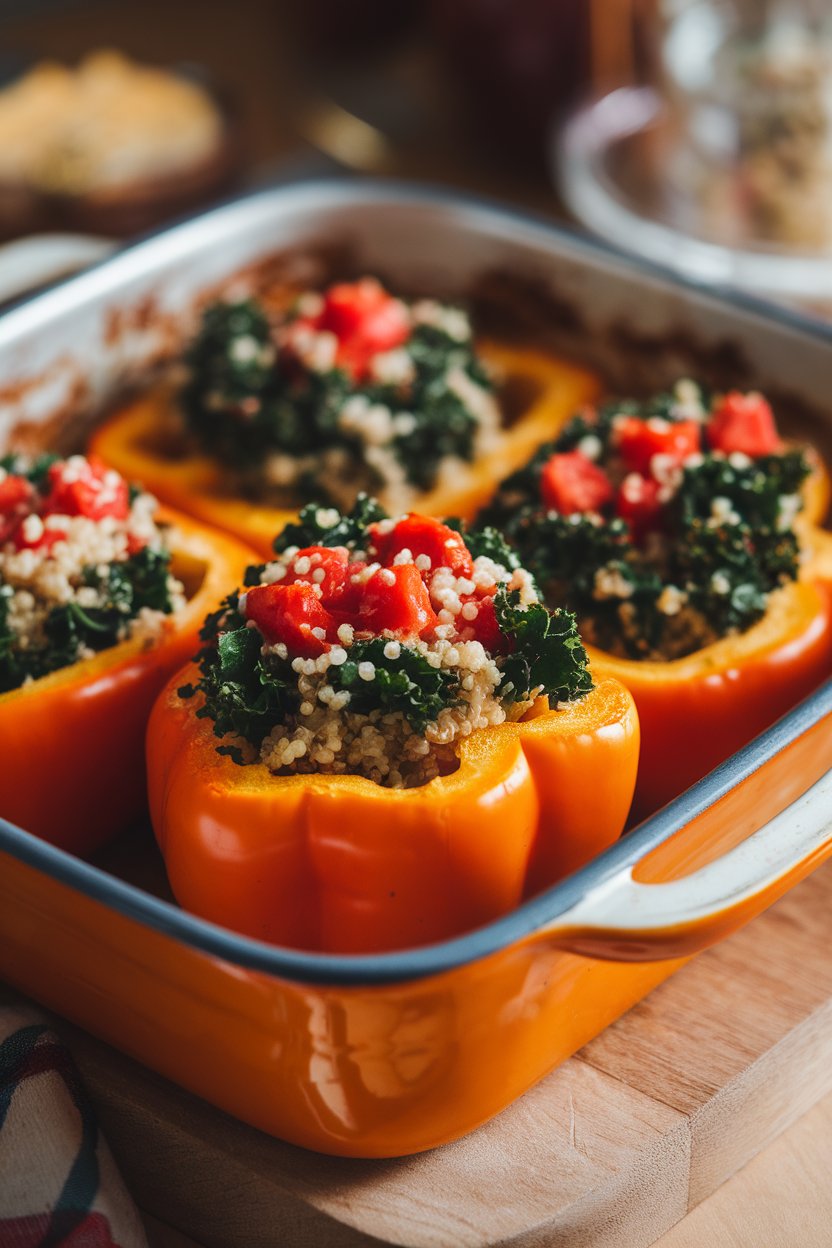 Indoor photo of bright bell pepper halves filled with kale, quinoa, and diced tomatoes, baked in a casserole dish. No logos or text.