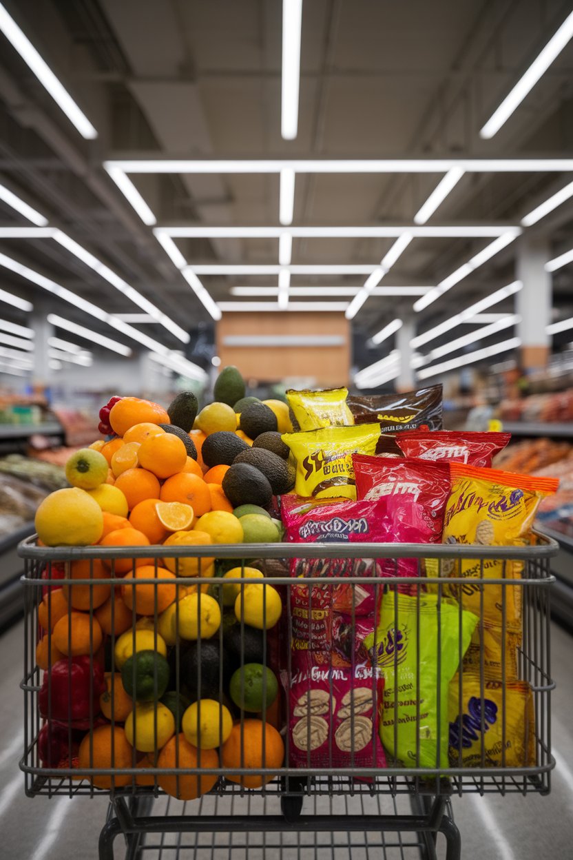 Photo of an indoor grocery cart with fresh produce on one side and neon packaged snacks on the other; store lighting; no text or logos.