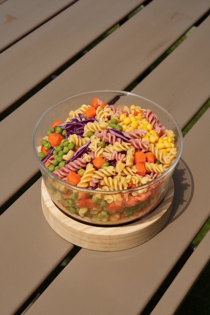 An indoor picnic table showing a clear bowl of tri-color rotini with diced carrots, peas, purple cabbage, and yellow corn. No logos. Photo.