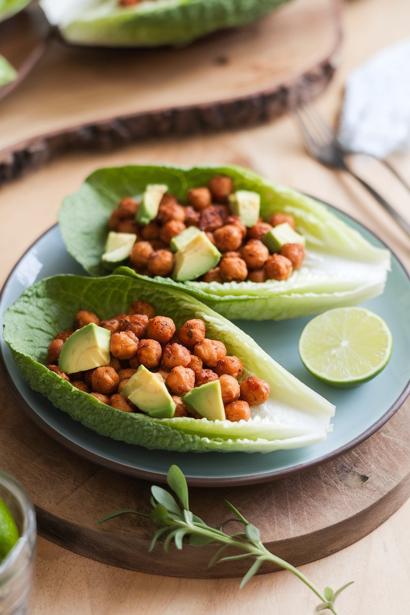 Indoor appetizer plate with romaine leaves filled with crispy roasted chickpeas, diced avocado, and a squeeze of lime. Photo, no text or logos.